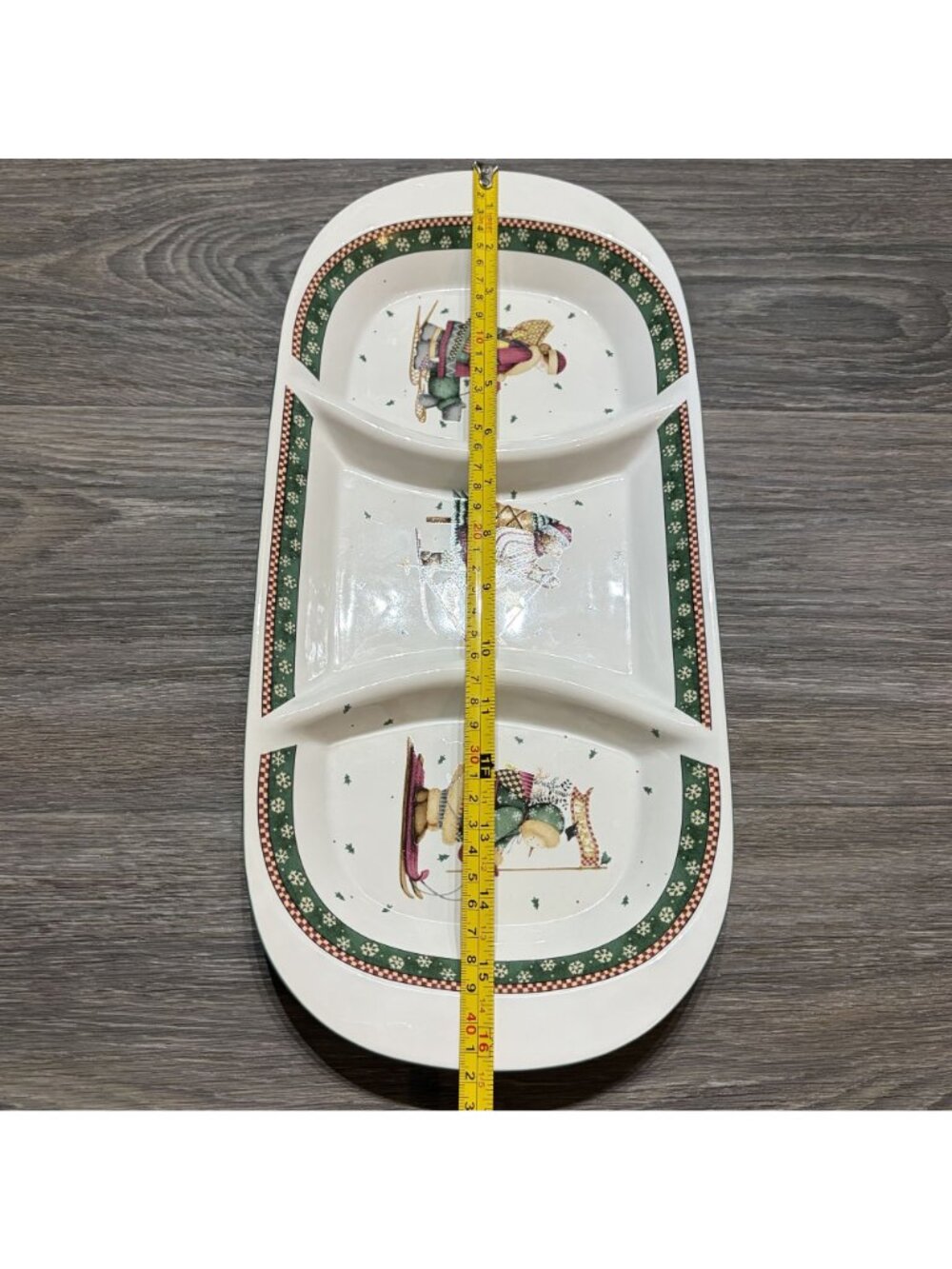 Sakura Debbie Mumm Sledding Snowman Bear 3 Part Relish Dish Christmas Platter - Picture 11 of 14